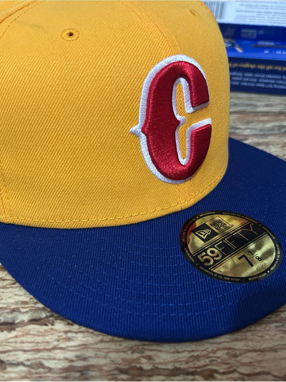 New Era 59FIFTY Yellow and Blue Fitted Hat with Red 'C' Patch